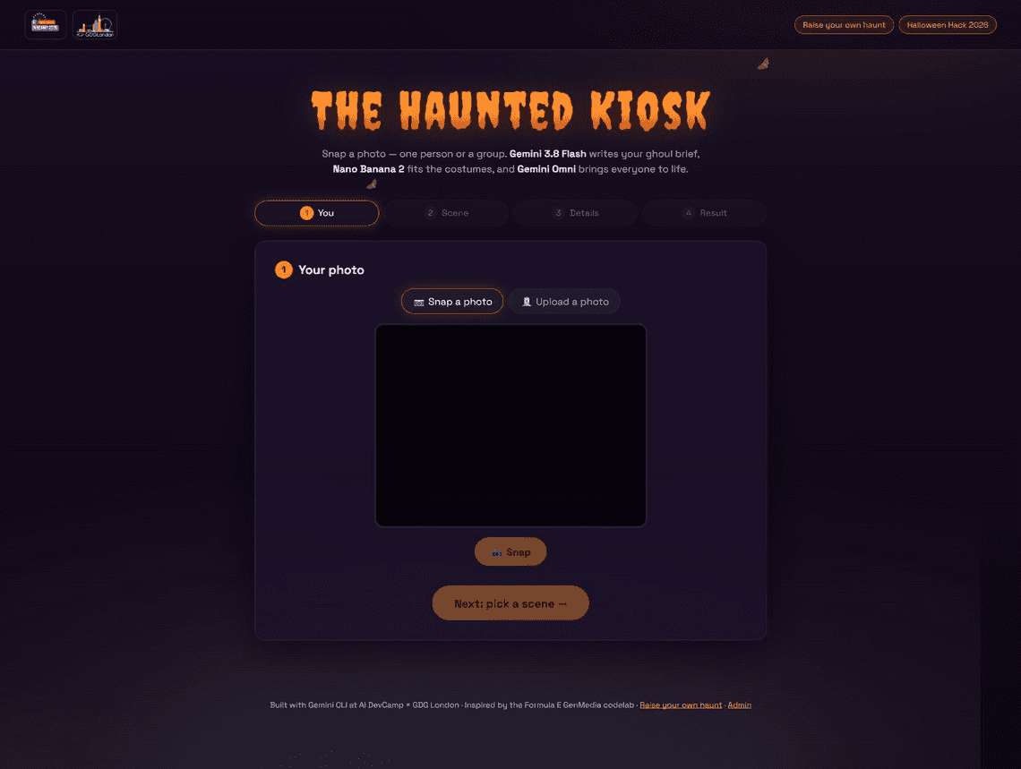 The Haunted Kiosk landing screen, with camera and upload choices and a four-stage guest journey