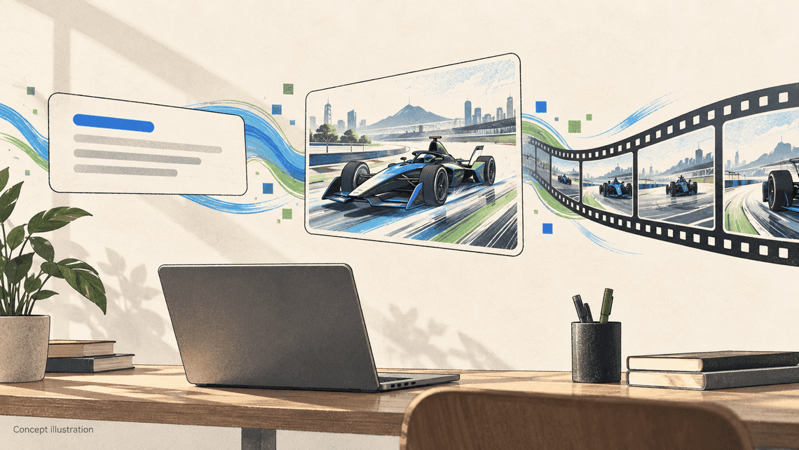Conceptual illustration of a prompt becoming racing imagery and a filmstrip