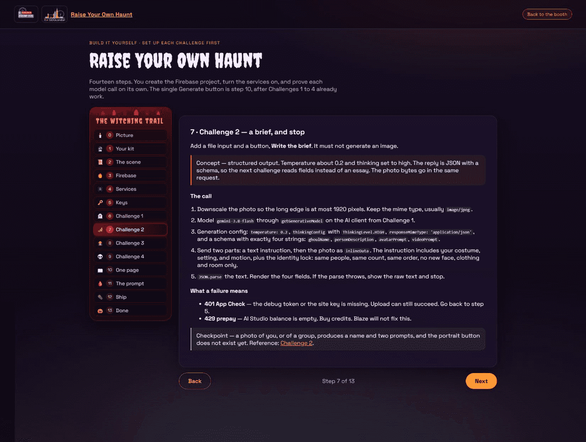 Codelab step seven explaining structured output, image input and the brief checkpoint